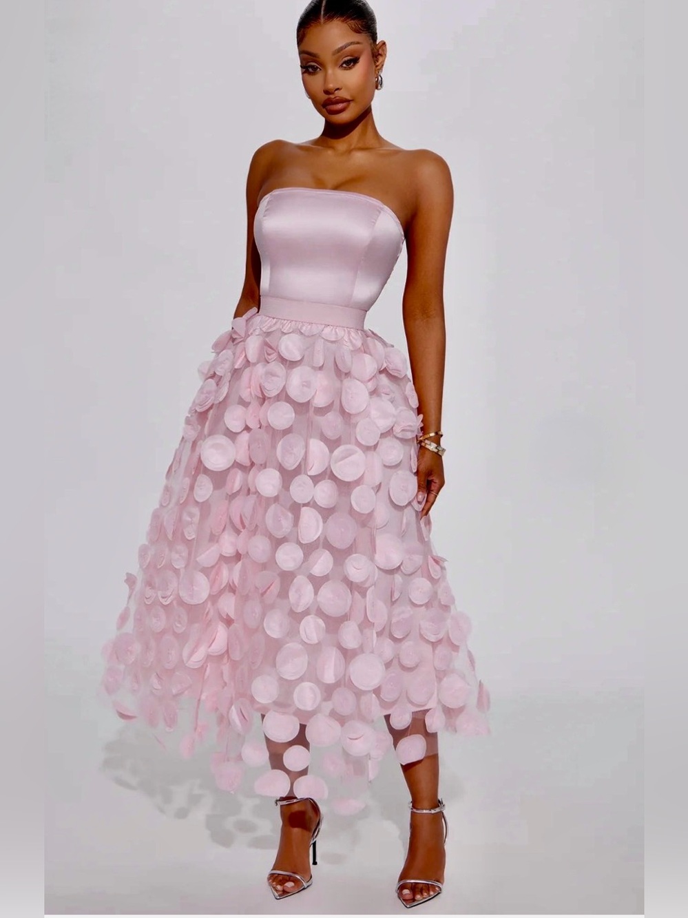 Fashion Nova Tina Tulle Strapless Blush Pink Midi Dress with Petal Overlay S